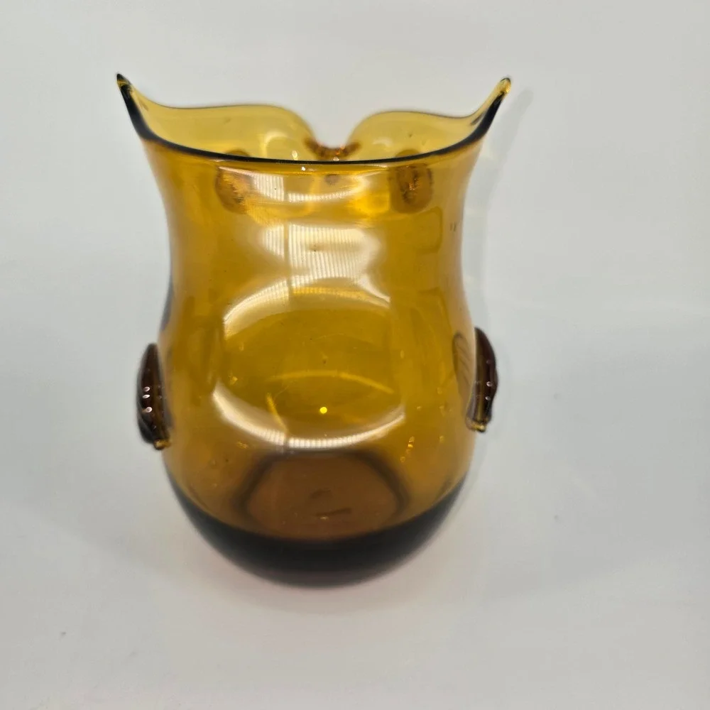 Vintage Pier 1 Amber Art Glass Owl Vase Pitcher Mid Century Modern‎ Decor 8in